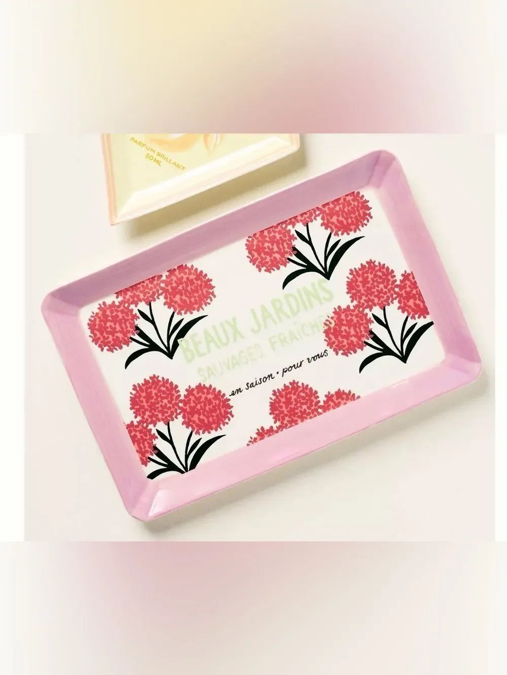 Anthropologie Juliette White Pink Red Floral Beaux Jardins Stoneware Vanity Tray